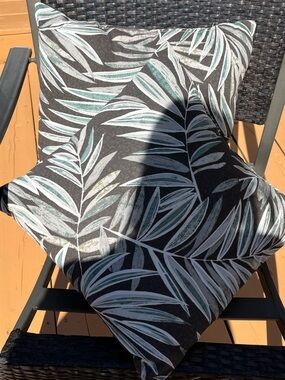 Leaf Print Outdoor Throw Pillow in Teal & White